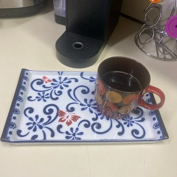 Pier 1 Butterfly Blossom Hand Painted Glass Porcelain Serving Tray Platter - Picture 3 of 11